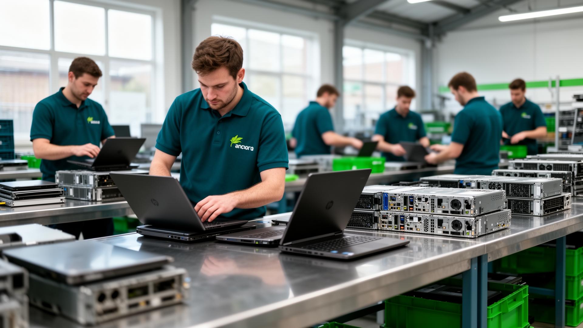 MakeITgood engineers sorting laptops on stainless workbenches in our Watford facility.